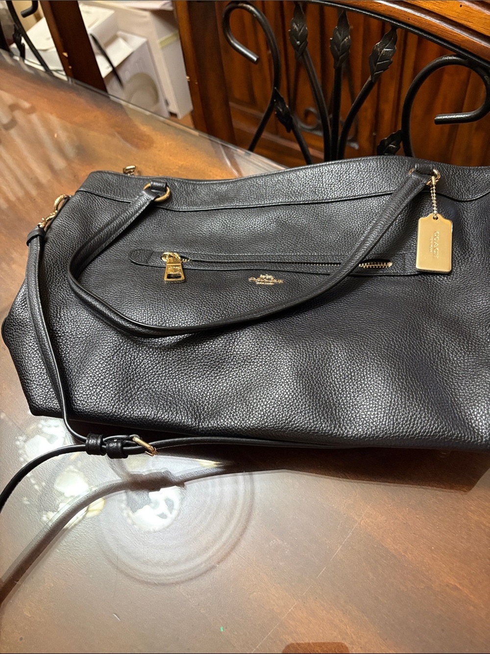 Coach Black Pebbled Leather Shoulder Tote with Gold Hardware